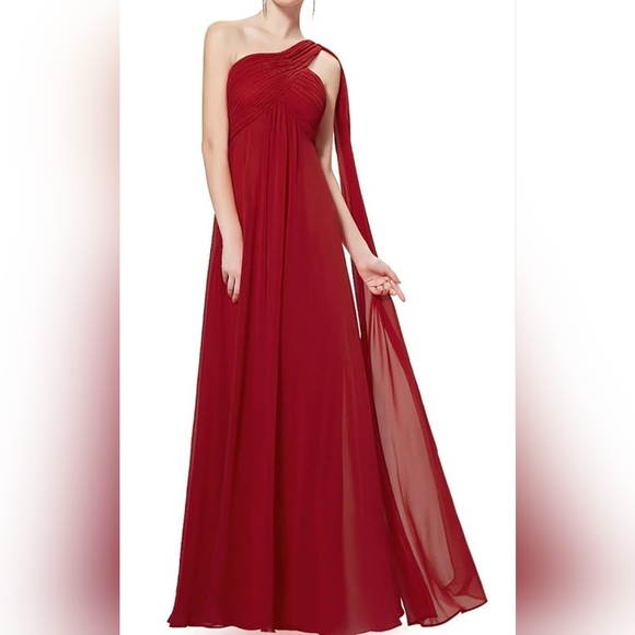 David's Bridal One Shoulder Ruched Bust Empire Waist Gown Sz 10 Red EUC - Picture 3 of 11